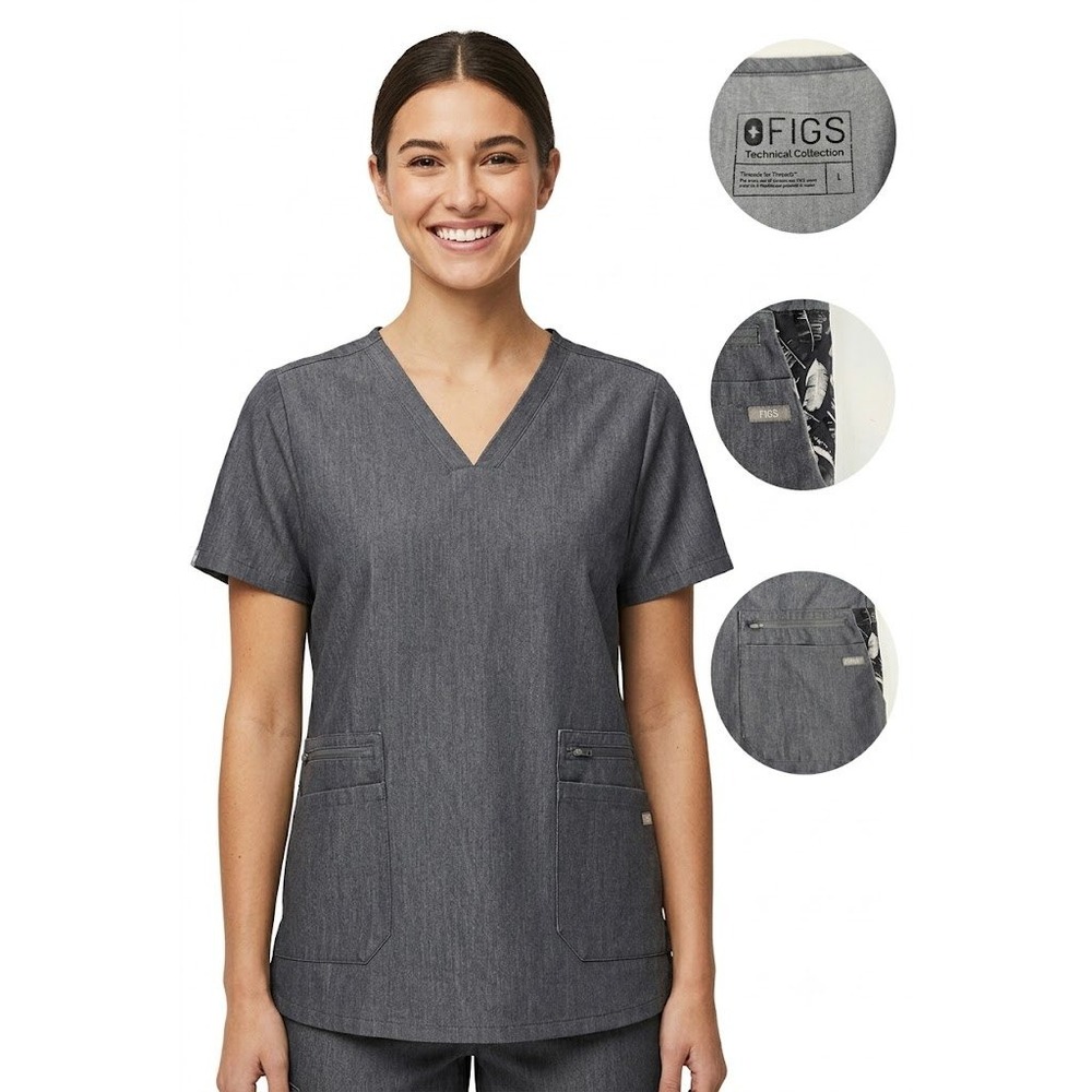 FIGS Technical Collection Scrub Top Womens Large Charcoal Grey V-Neck W195W1001